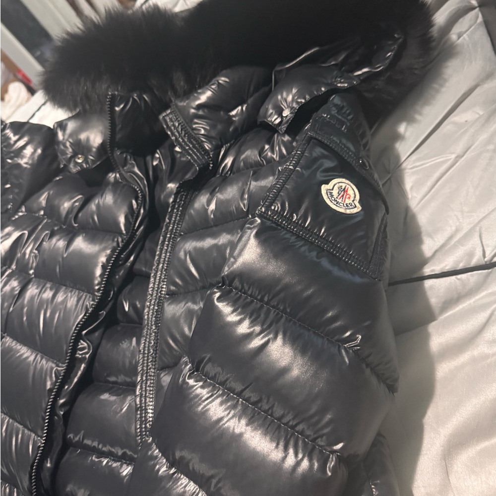 Moncler Shiny Black Down Jacket with Fur Collar